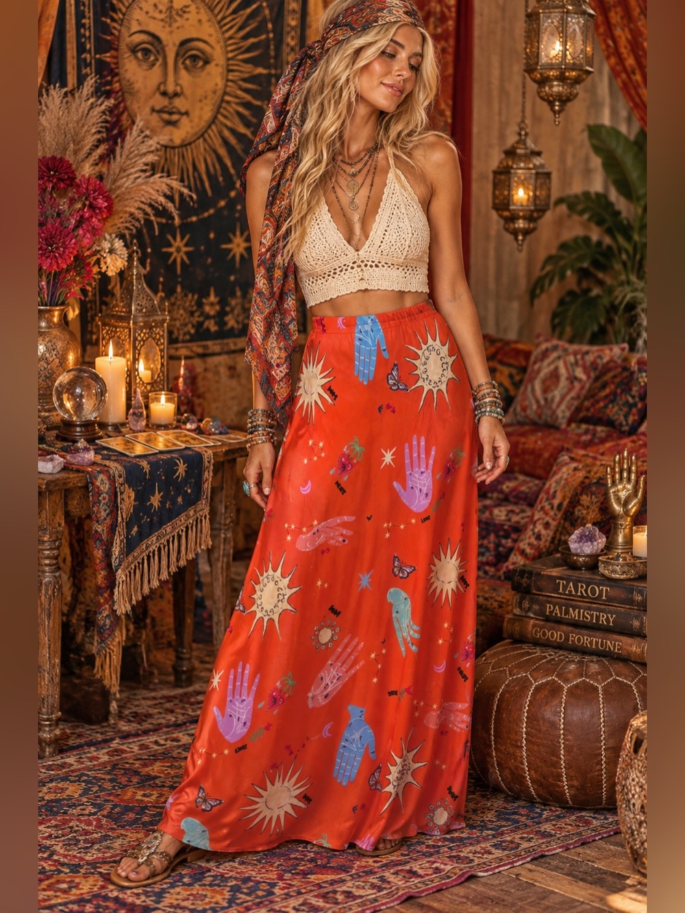 Never Fully Dressed Celestial Dorris-Print Maxi Skirt in Orange